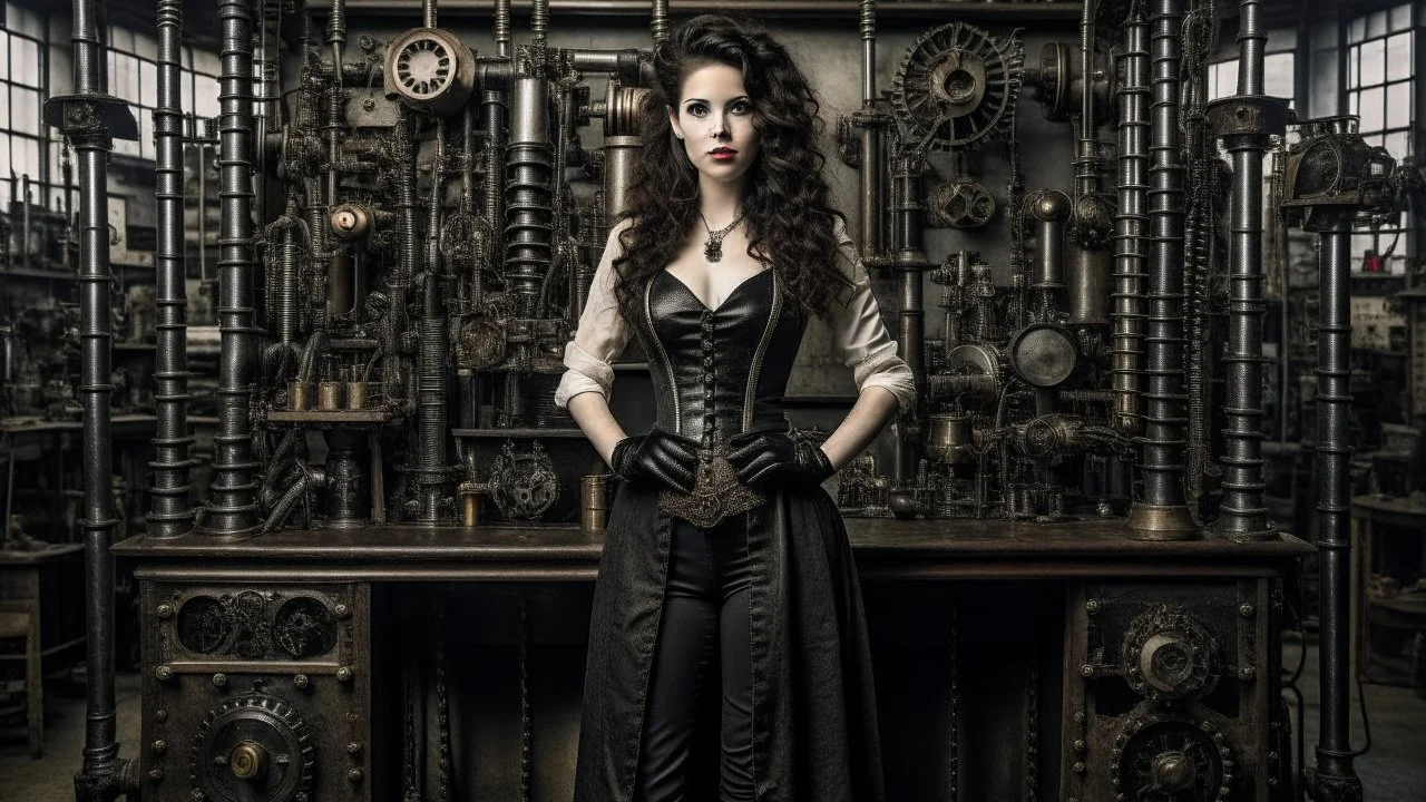 full-length portrait of a pale-faced woman with dark wavy shoulder-length hair, with detailed steampunk metal arms and legs, dressed like a Victorian, standing to one side in a laboratory full of small machines