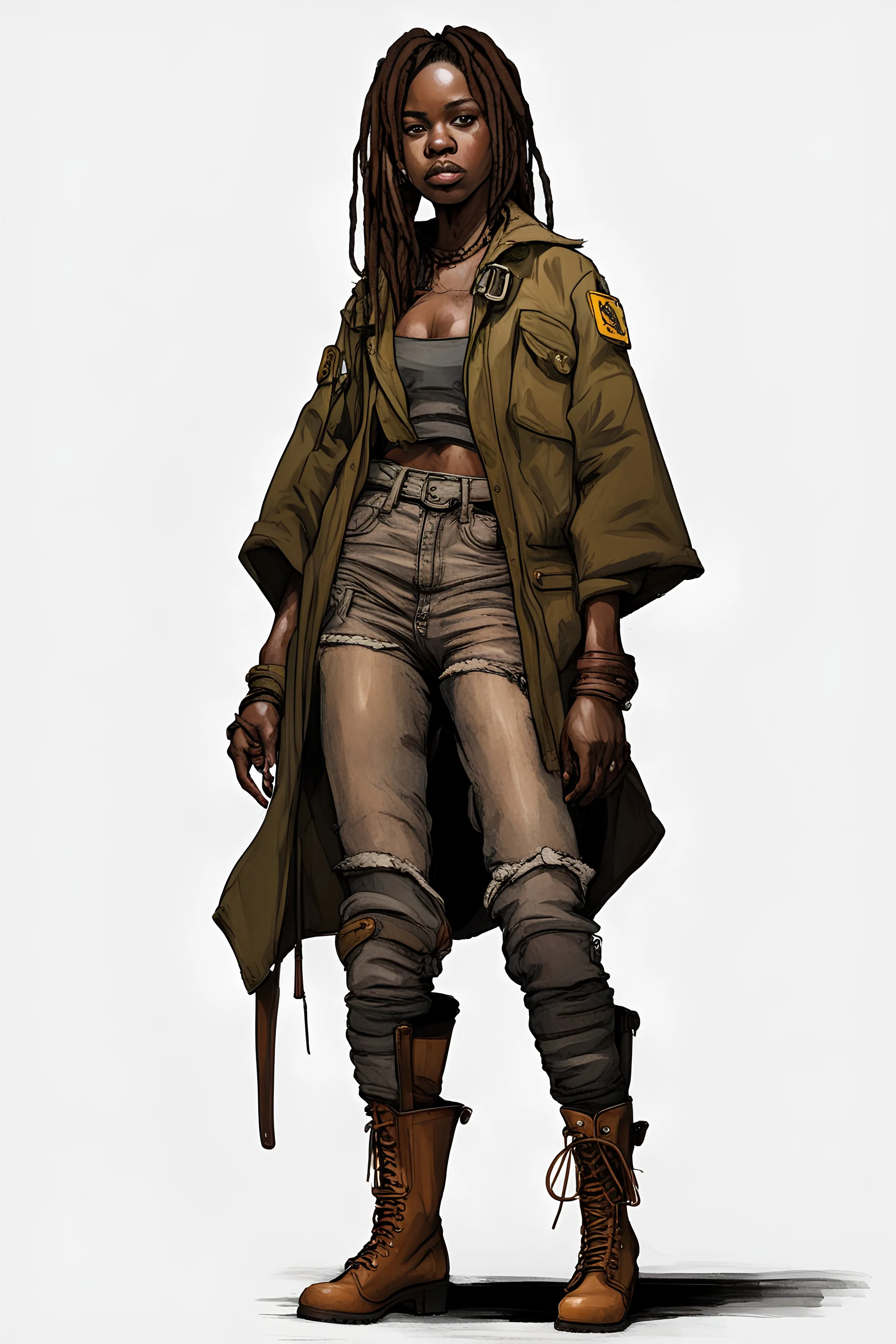 colored girl with big boots sit on mechanic sphere