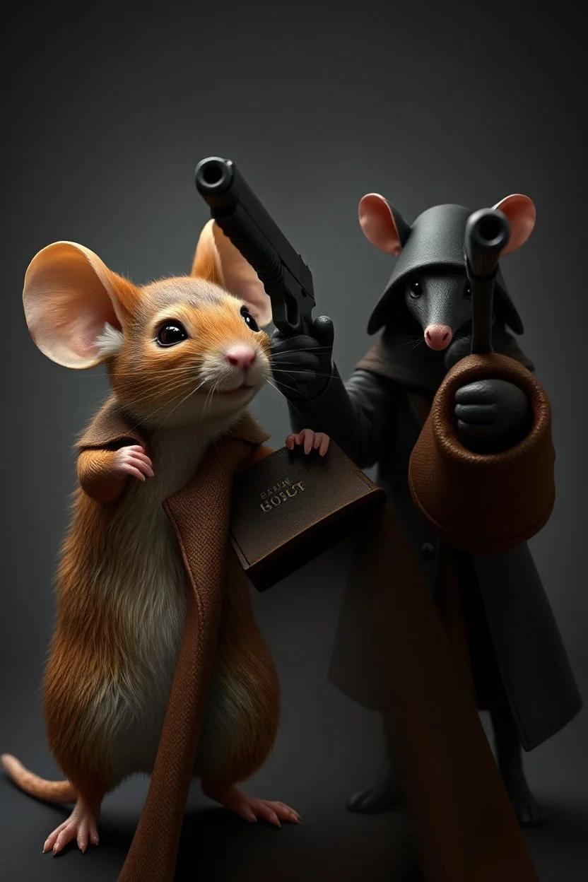 A mouse warring a black coat humanoid, dressed brown coat, holding a gun hands up front view