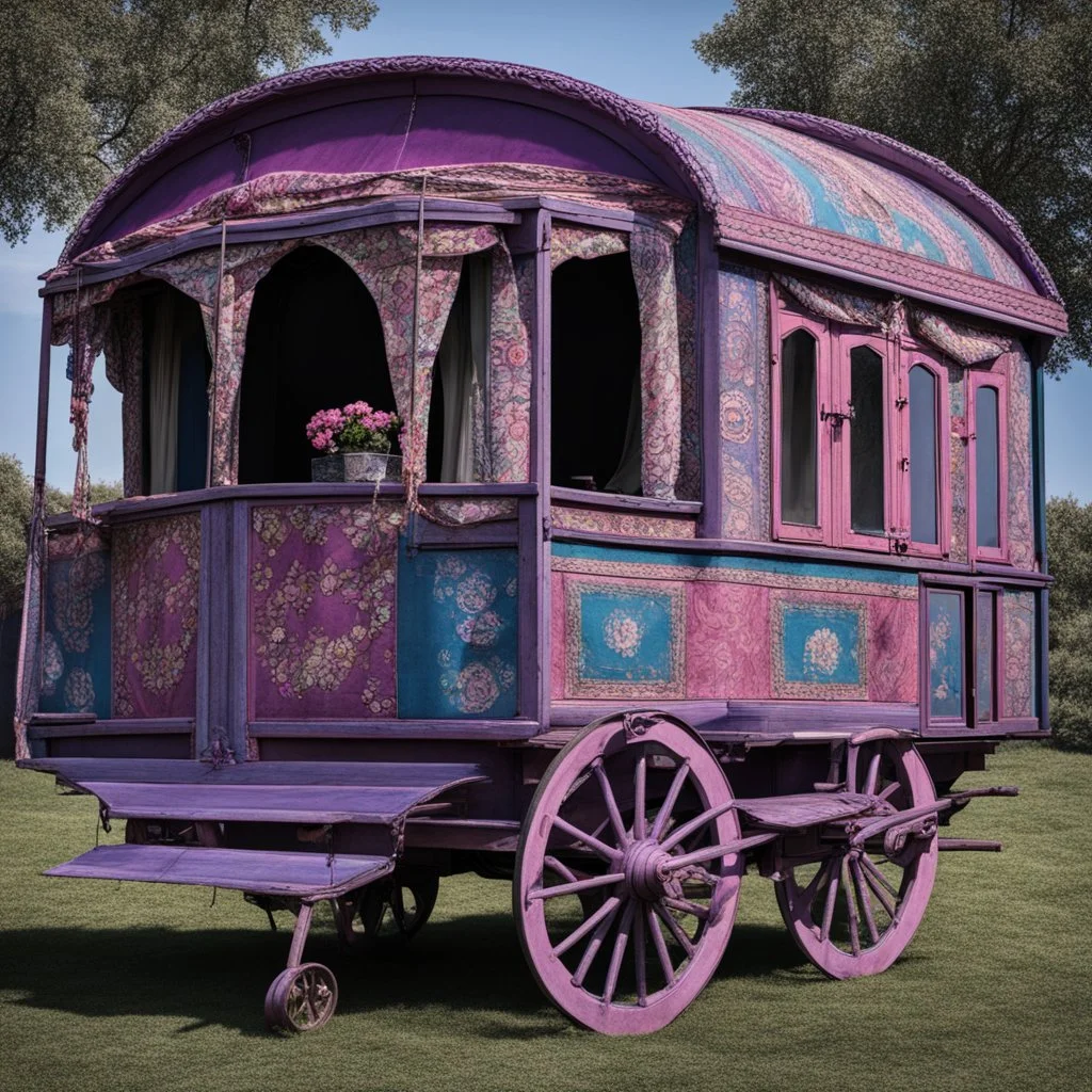 Old fashioned purple, blue and pink gypsy wagon decorated, curtains fluttering in the wind