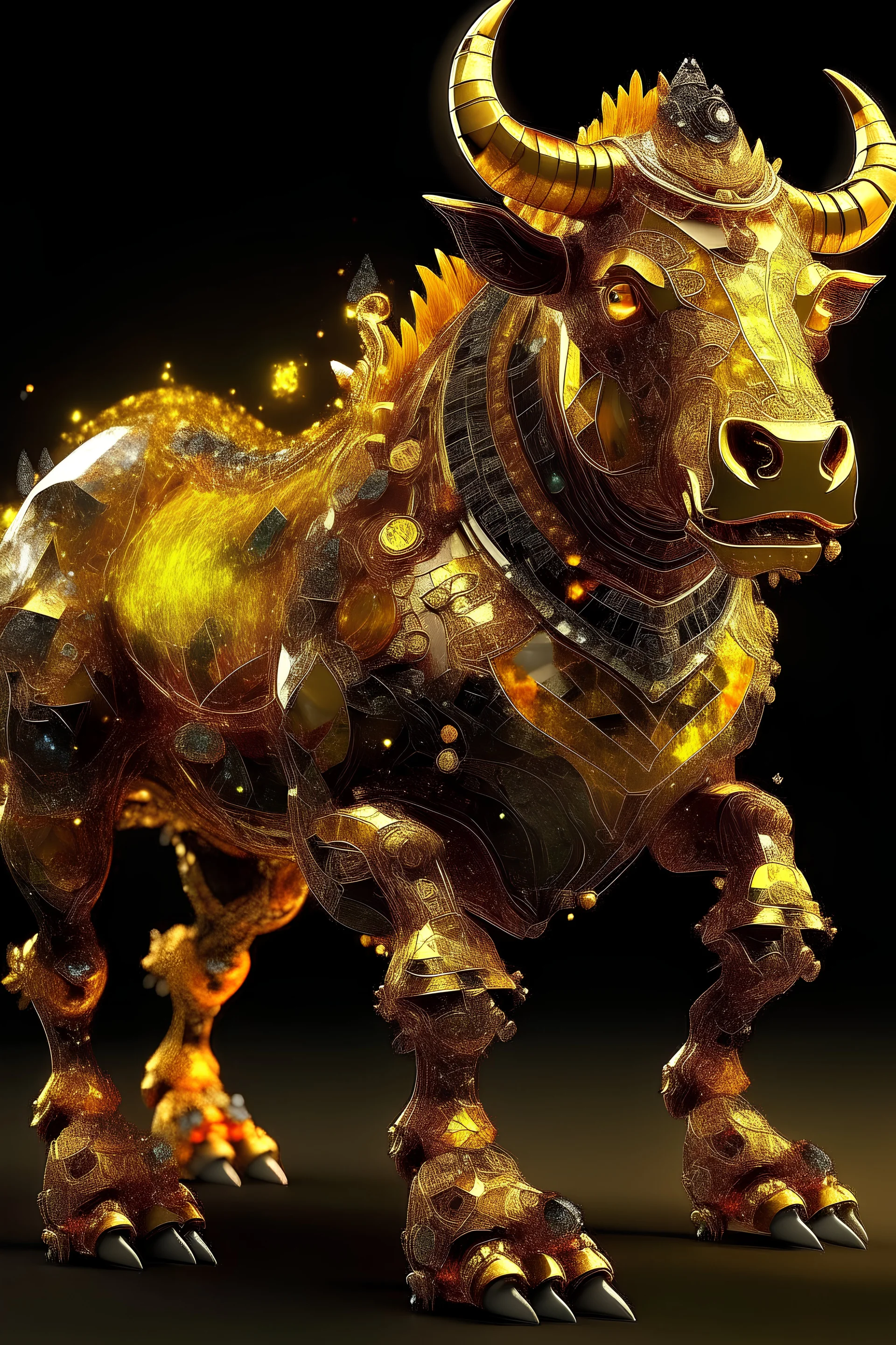 avatar of a bull run left facing, made of jeweled crystals, fierce faces, fire-colored eyes, yellow-brown skin color, wearing yellow armor, full body, quality tall, super realistic, super detailed, full body, armored legs, dramatic lighting, jewelry, fantasy, galaxy, transparent, leaving a trail of gold and diamond, shimmering, fancy, sparkling, Gorgeous, colorful