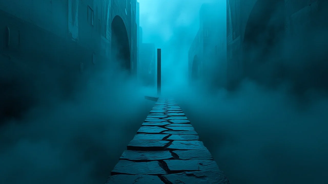 passage over nothingness, surreal, dark and cold abstract artwork dominated by deep blue, icy cyan, charcoal black and muted steel-grey tones. An narrow passageway emerges from an abstract distorted weird landscape, surrounded by thick fog and drifting mist. The space feels nightmare, alien and unsettling, with tiny floating circles and lines geometric forms, black onix column fragmented and unnatural perspectives. At the center of the composition cracked stone way over abyss