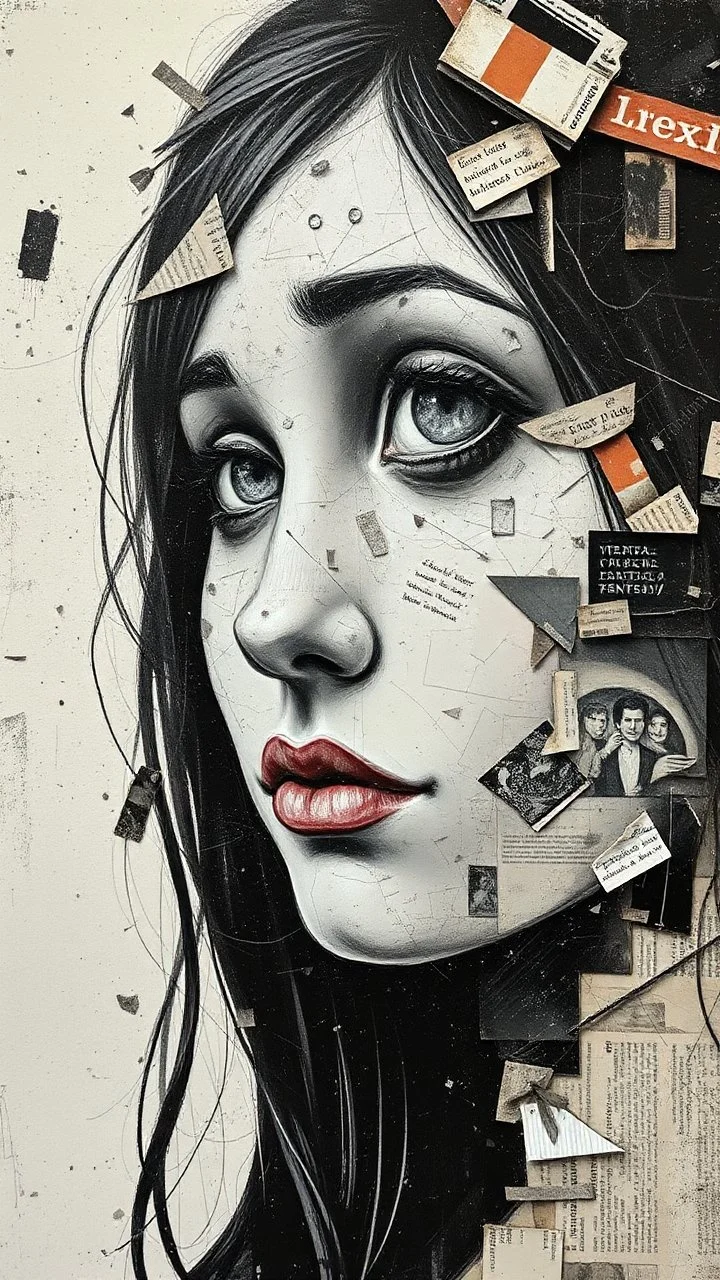 Bosch style painting , A face in details . The texture of the face is a collage of many peace’s of black and white and brown old pictures and newspapers parts sticks on the whloe girls face in a collage style