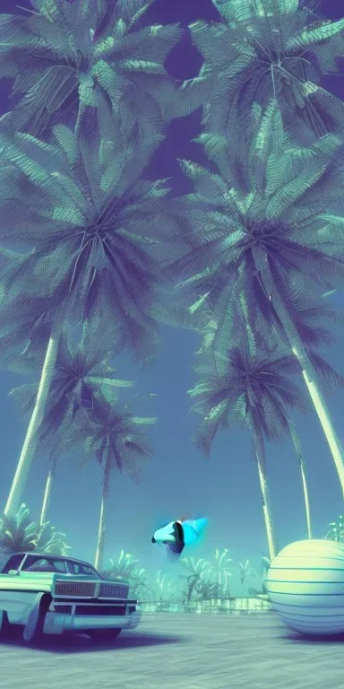 1980's aesthetic vaporwave palm trees with spheres and ufo