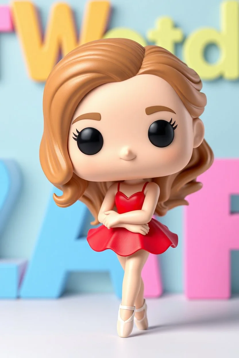Funko figure of a very young female, smiling, long wavy light brown hair, wearing a ballerina dress, red dress, ballet, very cute, ballet pose,.very colorful background typography, 3D render.