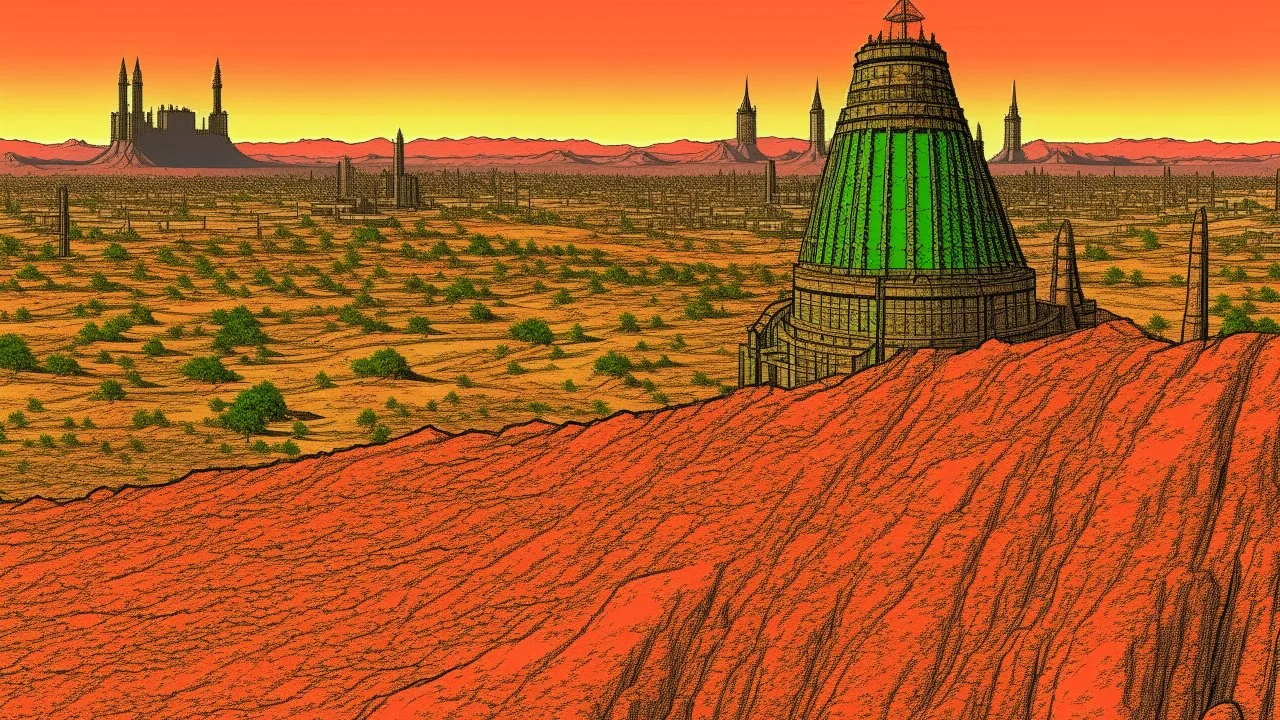 Desert warrior from behind looking at a city on a plato in the distance, comic style