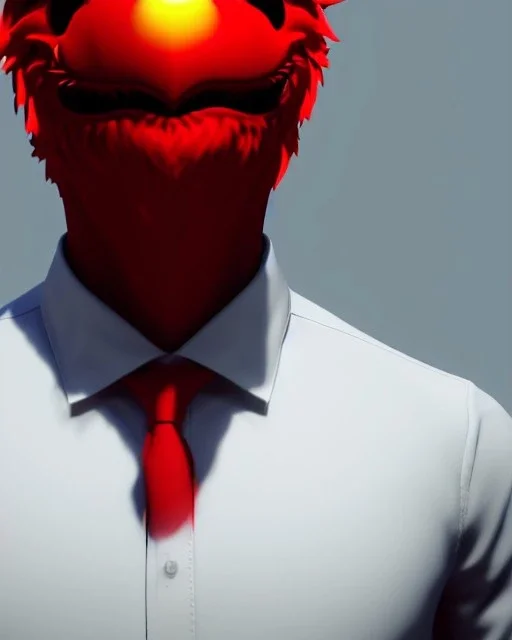 hybrid character, Elmo muppet head, man body, human arms and hands, Shirt and tie, concept art, smooth, unreal engine 5, god lights, ray tracing, RTX, lumen lighting, ultra detail, volumetric lighting, 3d, finely drawn, high definition, 4k.