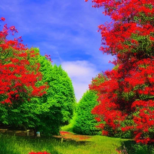 blue sky, red flowers, green trees, purple bushes