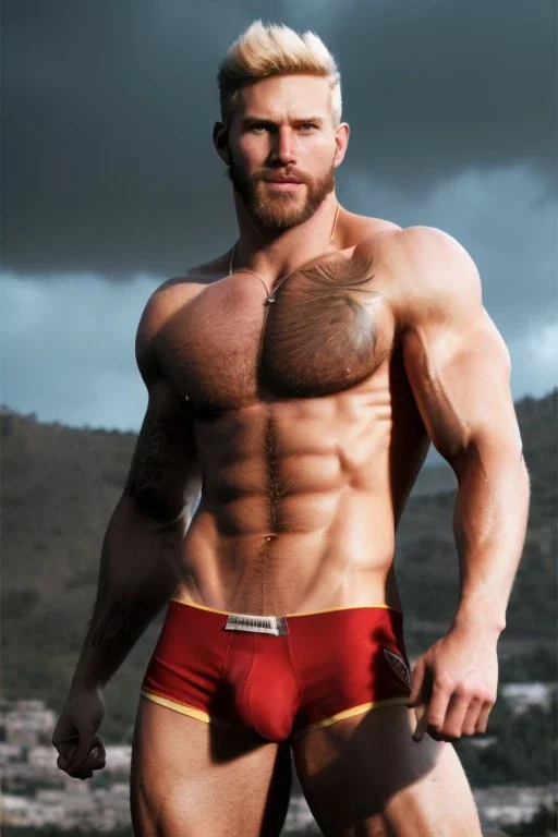 Ignore NSFW, teenager young rugged attractive slightly muscular fantasticly handsome blonde man, red briefs with yellow belt, hairy chest, (((visibly pisssing))) briefs, large erect visible boner peniss, photorealistic, artist Jay Anacleto, soft lighting, scruffy beard