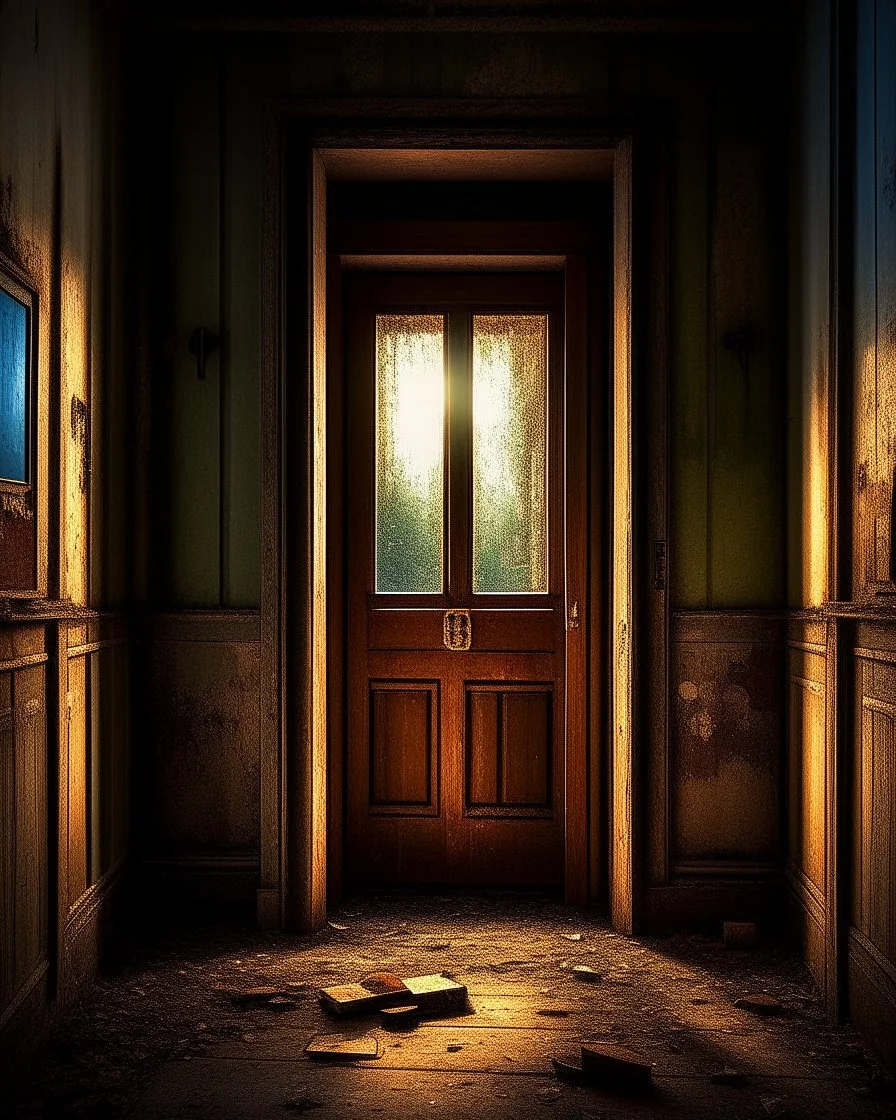 An ancient, weathered door stands in an abandoned house, shrouded in deep, engulfing darkness. The walls are rough and covered in moss and dust, with wooden beams crumbling and floors uneven. The faint light coming from a small particle of the philosopher's stone, placed mysteriously near the door, emits a warm, surreal glow, contrasting with the surrounding darkness. The stone’s light weakly illuminates the nearby area, casting long, eerie shadows. The atmosphere is thick with mystery and tensi