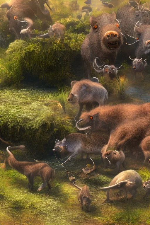 Close-up animation image of an island full of wild warthog, with them running around crazy and wild