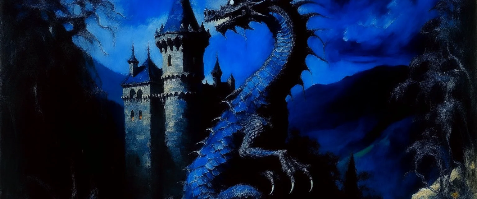 A dark blue dragon guarding a castle painted by Claude Monet