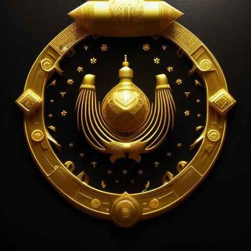 kazakh style, black background, golden embossed ornament, 3d, cinematic, realistic