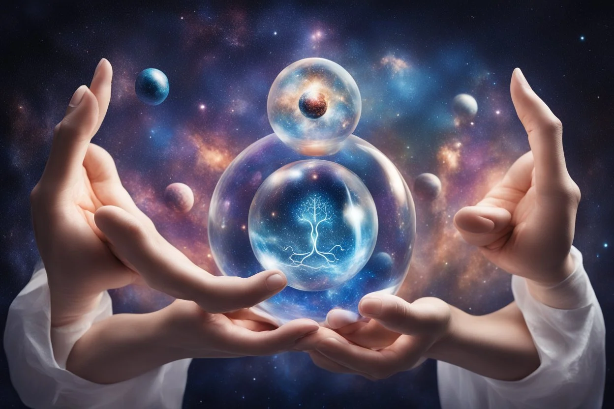 kundalini, connected to the universe, few colours of galaxy, holding galaxies in few hands in glass balls