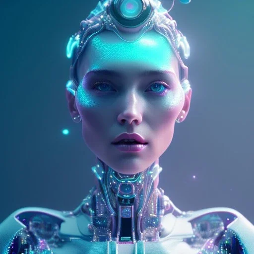 A portrait of a crystalised robotic women, atmospheric, realistic, unreal engine, cinematic lighting, octane render, transoarent, pink turquoise light