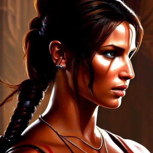 portrait of beautiful Lara Croft Tomb Raider painting by Brom , oil on canvas, cinematic composition, extreme detail,fit full head inside picture,8k