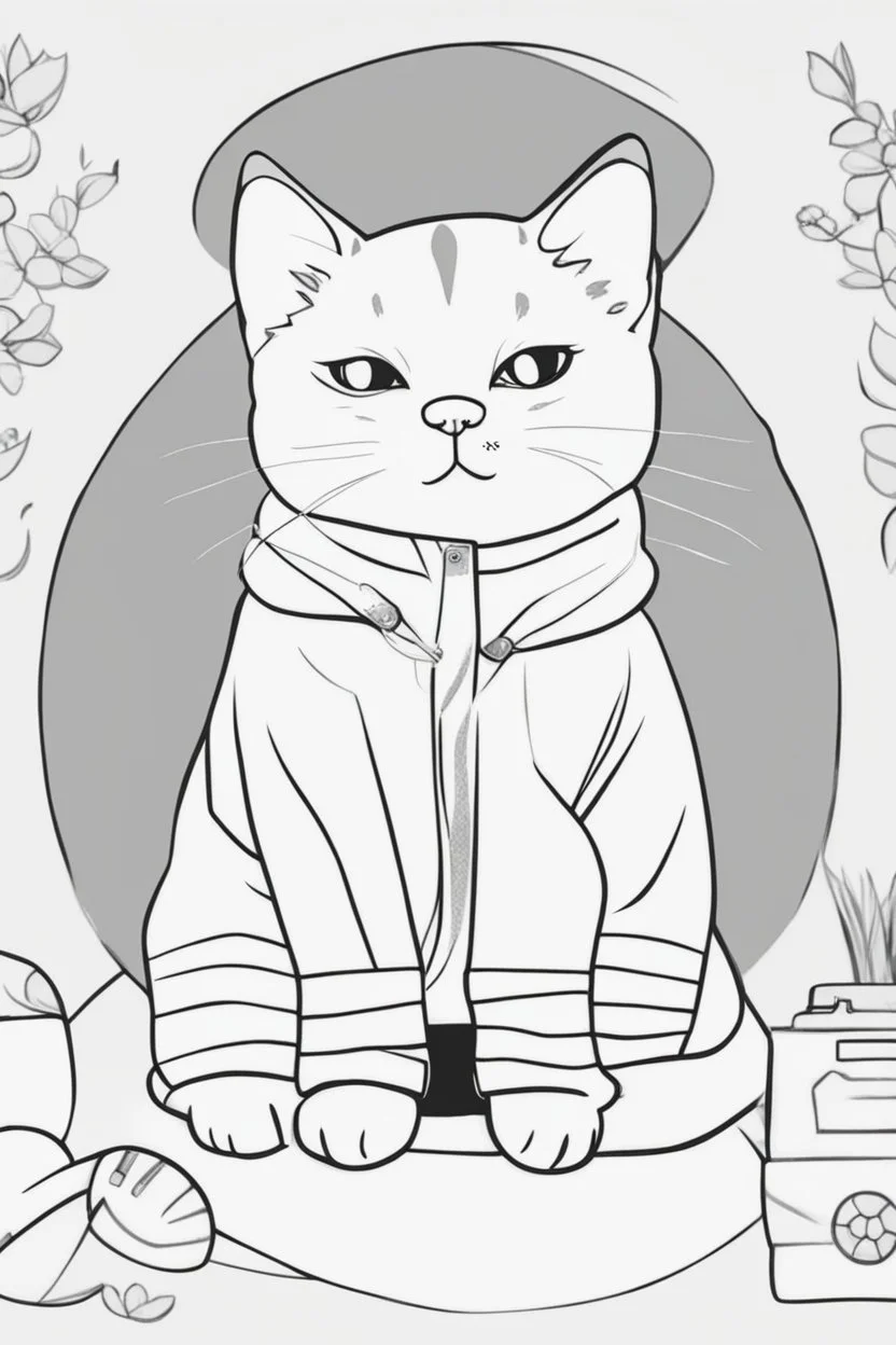 Outline art, cute cat in clothe, for colouring pages, white background, black line art, clean outline art, no shadows and well and clear, different style, clean background