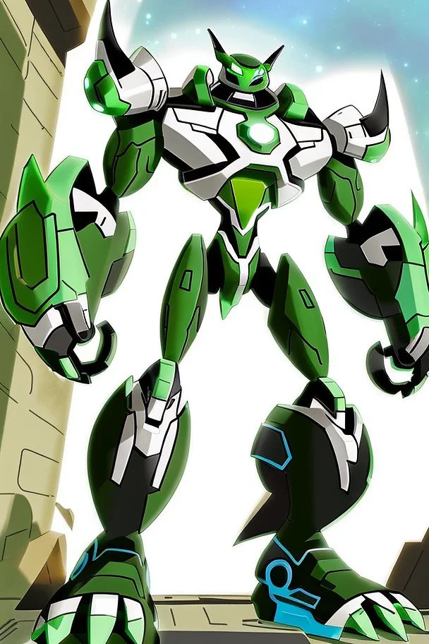 A new space creature from Ben 10 cartoon. Strong and graceful. Advanced metal. Magical power, precise detail and intense power Add "full body view" as a prefix. Use an aspect ratio (dimensions) that is mor vertical (3:4 vs 4:3), move the camera back ("extreme long range view"), move camera upward rather than being at hip height ("high angle view" or "eye-level view"). Describe her shoes or stance, as well as what you see over her head