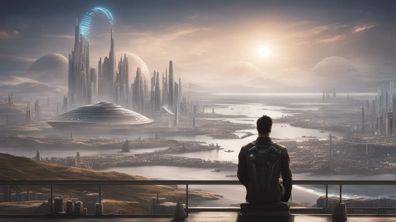 man overlooking a futuristic sci-fi city following the long curve of a sandy bay.