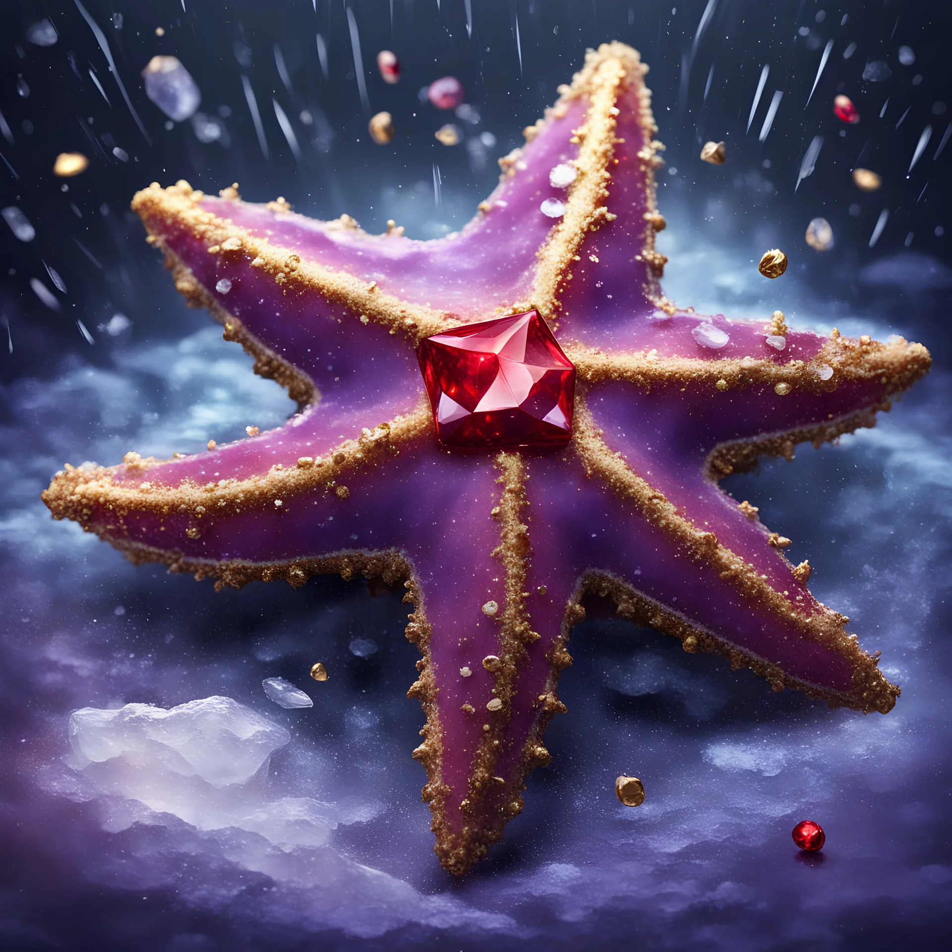 vivid purple sea star with red gem and gold and the water around them turns to ice as stars rain down and freeze, in card art style