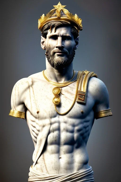 Realistic image, Roman sculpture made in white marble with gold veins, Lionel messi with gold laurel leaves crown, decorative star on the chest, waist up portrait, marble material, gold ornaments, Baroque style, sun rays background, epic, celestial, cinematic lighting, God lights, 4k resolution, smooth details, soft lighting, unreal engine 5, art station, substance 3d.