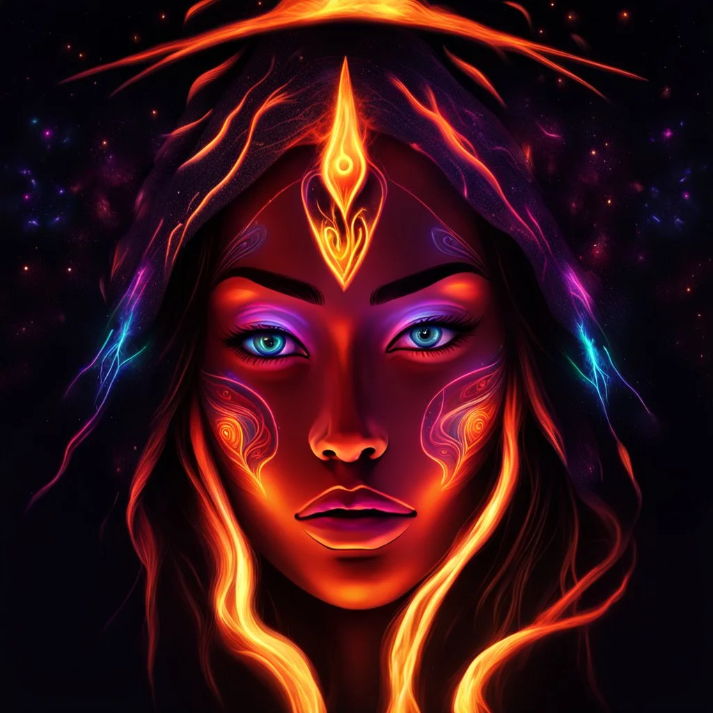 Cosmic dream face, woman, neon, abstract, amazing shadow and lightning, 4k, cinematic, glowing eyes, cosmic, face, dream, space, stars, amazing, art, glowing, fire, fantasy, crazy, ultimate, club, insane, hippie, native american, digital painting, watercolor