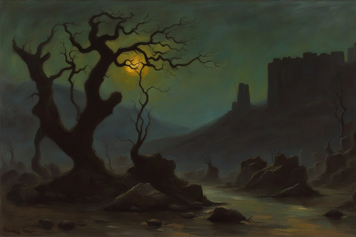 night, rocks, mountains, dry trees, gothic horror films influence, henry luyten and auguste oleffe impressionism paintings