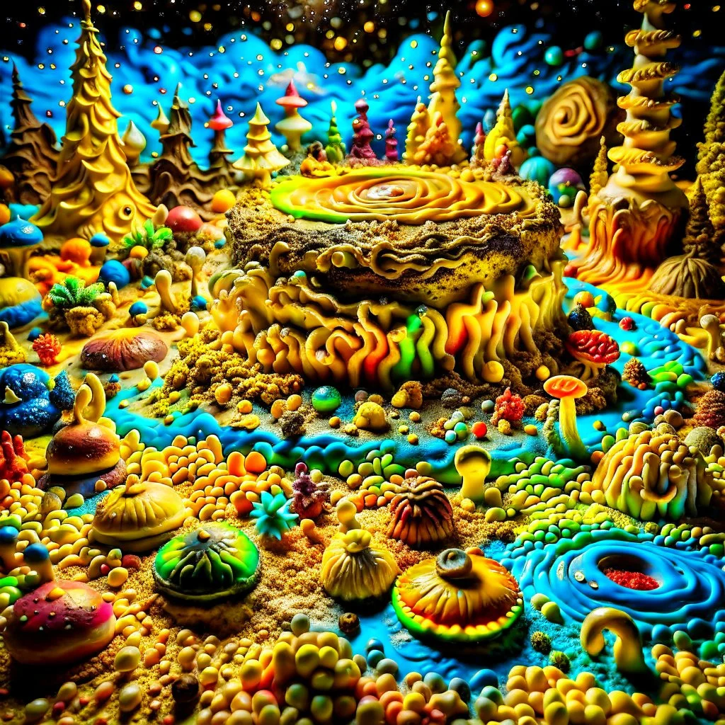 Detailed creepy landscape made of cake-frosting and modeling clay, stars and planets, Amano, Roger Dean, Tim Burton, strong texture, Ernst Haekel, extreme detail, intricate, colours, Max Ernst, decal, rich moody colors, sparkles, bokeh, odd