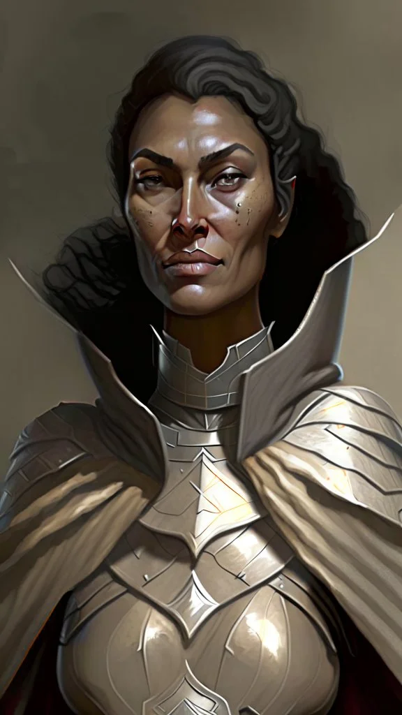 A tall human woman with tanned skin. Her face, marked by the years, always has a smirk on it, showing her superiority in the eyes of the others. She is dressed in grey armor and wears a cape.