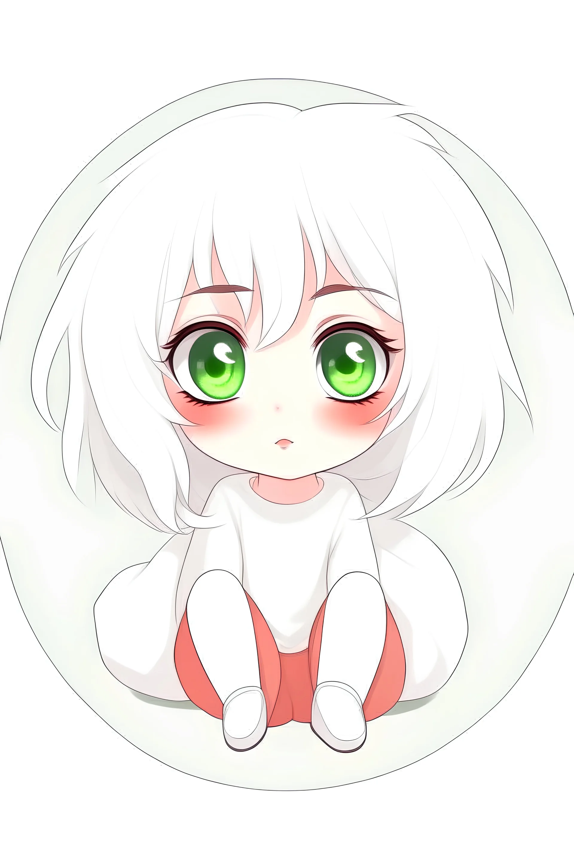 circle shape , puffy white hair, with big eyes, short small legs and hands,