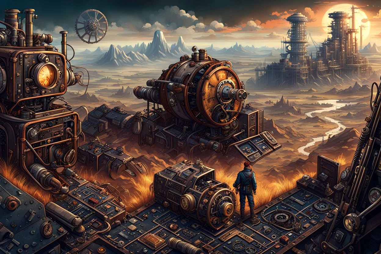 Illustration of a Steampunk Explorer in a Post-Apocalyptic Atmosphere. The condition of being surrounded by machine parts. Mechanical UI And Post Apocalyptic Landscape, Surreal Steampunk Art Style, Reality,. Isometric Asset Style,. Super Details,. Cinematic. Very Focused. HyperRealistic