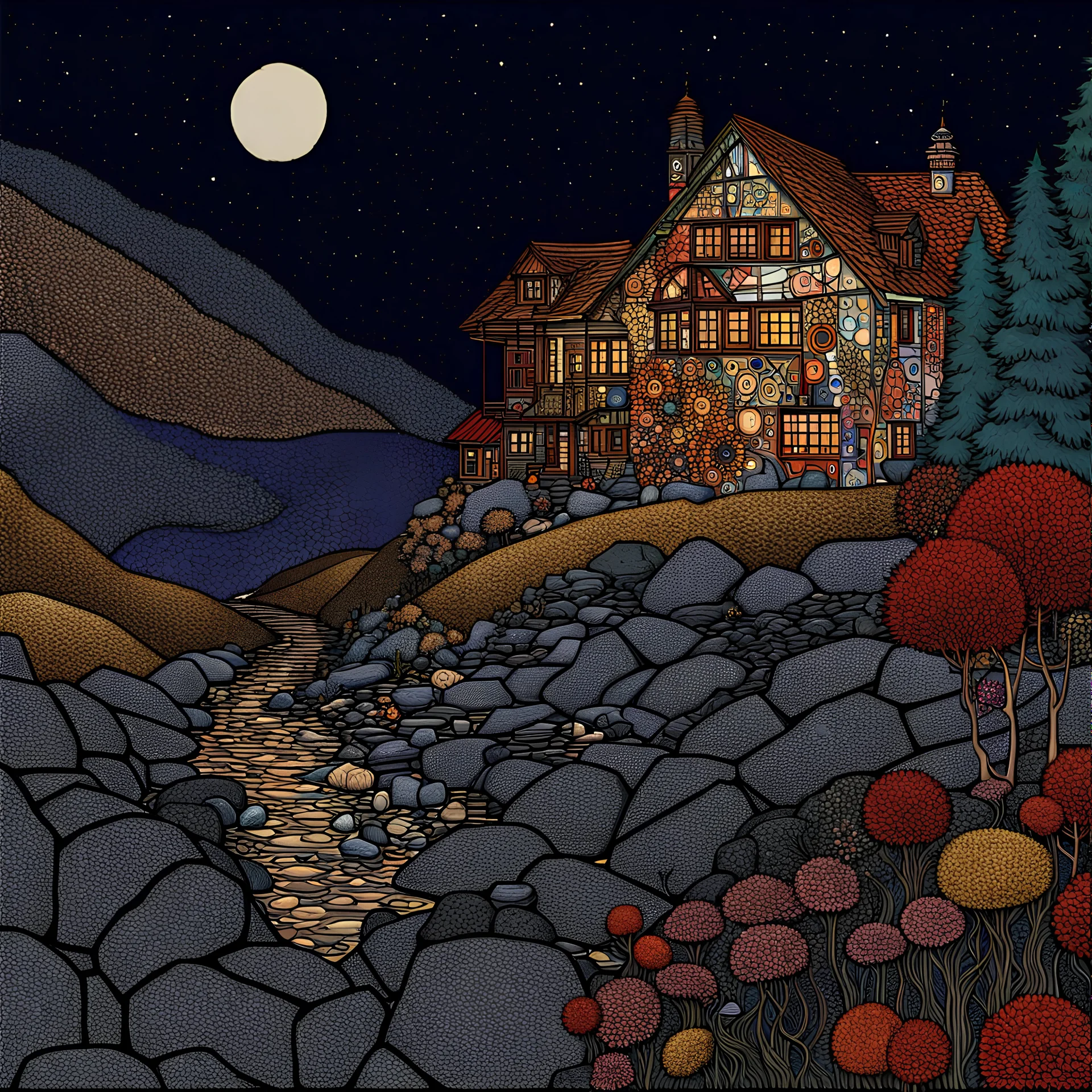 Colourful, peaceful, Egon Schiele, Gustav Klimt, houses, night sky filled with galaxies and stars, rocks, trees, flowers, one-line drawing, sharp focus, 8k, deep 3d field, intricate, ornate