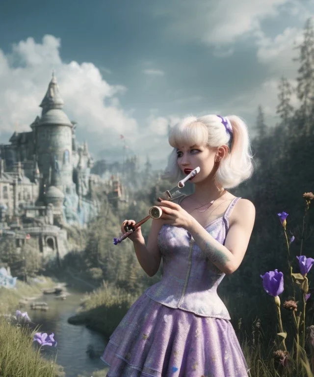 Ultra realistic wonderland photo, happy blonde woman smoking a pipe, blue dress, purple cat friend, circus dress style, old school tattoo, smoke, marijuana garden, glow eyes, perfect iris, soft color, highly detailed, unreal engine 5, ray tracing, RTX, lumen lighting, ultra detail, volumetric lighting, high definition.