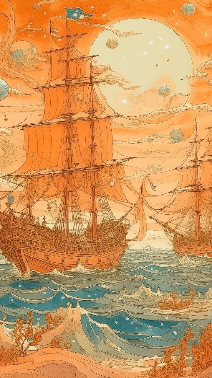 A light rosy orange colored bay with pirate ships and crystals painted by Vincent van Gogh