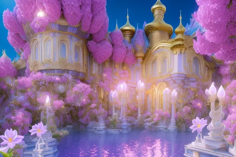 a magical crystal flower lys bougainvillier fuksia blue gold house russian palace castle in the woods, magnolias pink,blue lake,sun,white swanns,pink vertical, blue lake,sharp, vines, candlelit, endor, ornate, elegant, highly detailed, artstation, concept art, smooth, sharp focus, illustration, 8k, splash art, wallpaper, key visual