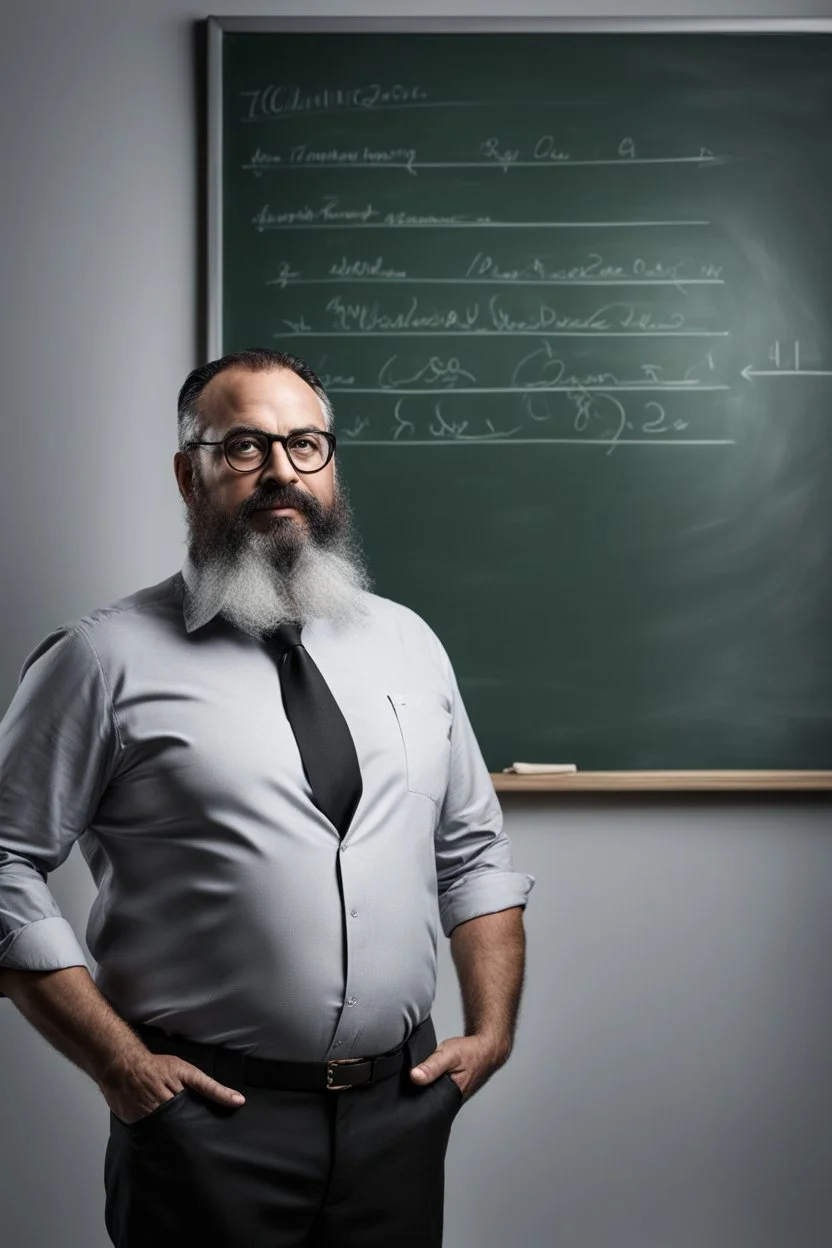 half figure shot photography of a turkish bearded chubby shirtless barechested 44 years old professor in thick glasses, big shoulders, manly chest, standing by completely writed blackboard , front view from the ground, photorealistic, ambient occlusion, side light