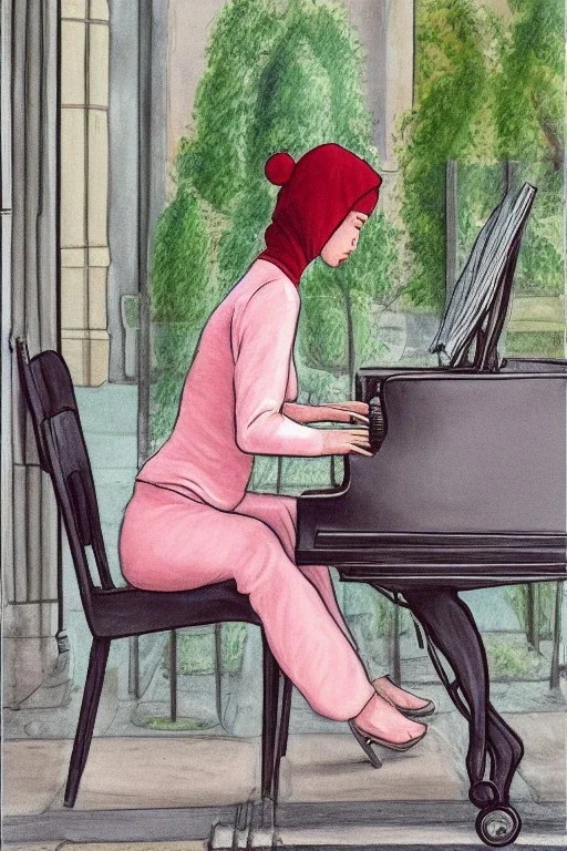 One single mature cat lady playing piano on the street, Vienna, fiacre, friendly, model style, hyper realistic, extremely accurate, delicate, extremely detailed, Graphic novel style, wide-angle, open aperture, superfine pencil