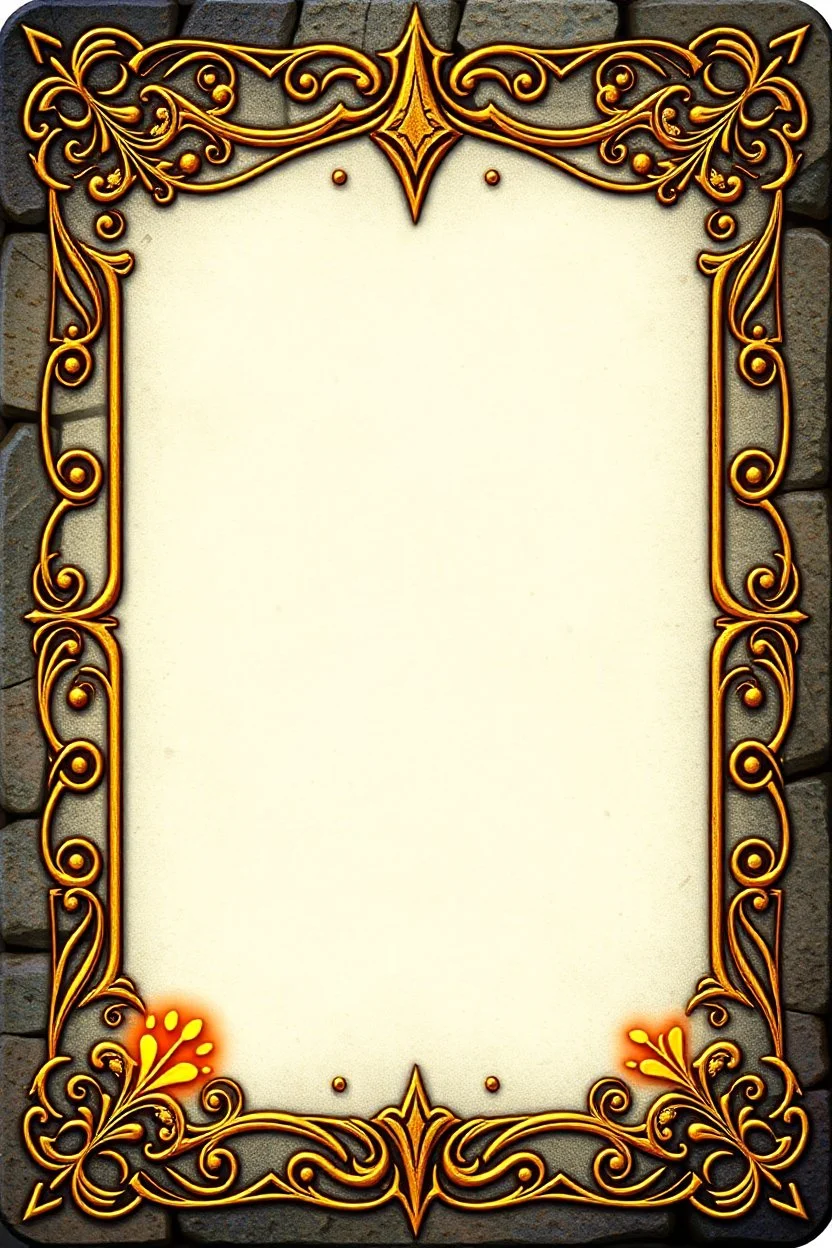 "Whimsical, fantasy-themed card border, intricate stone and gold filigree with tiny rat paw prints hidden in the design, playful medieval style, glowing runes, ornate yet readable, decorative corners, vibrant fantasy color palette."