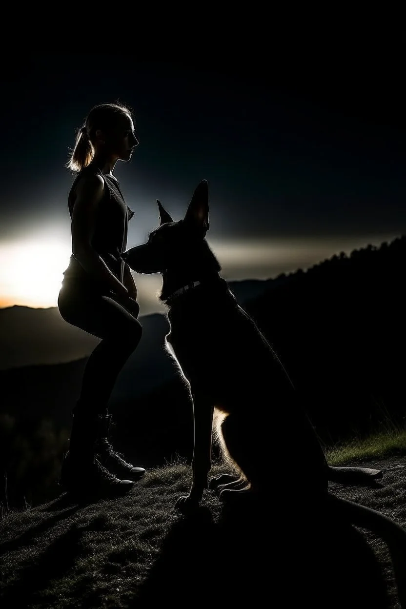 Black background on a mountaintop. A silhouette of a fit man and a silhouette of a fit woman sitting close to each other. A silhouette of a Belgian malinois somewhere close to them. There are three slouches in the picture, a man, a woman, and a dog.