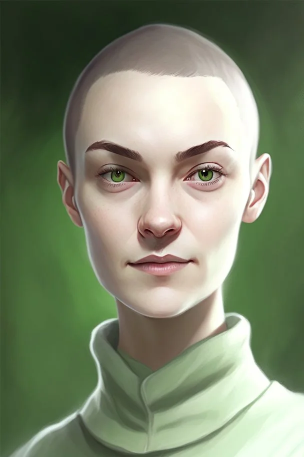 full color portrait drawing, portrait, 22-year old friendly female human cleric, shaved head, light eyebrows, grey eyes, wearing white (10%) and dark green (80%)