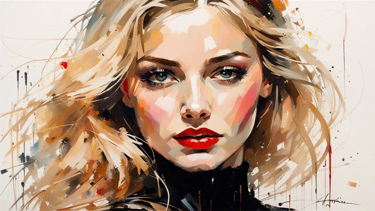 Blonde Pale Thin well endowed Scandinavian Woman 24yo, Big Eyes, red lipstick, Long Eyelashes And Eye Shadow smiling, wearing a black dress, femme fatale :: by Robert McGinnis + Jeremy Mann + Carne Griffiths + Leonid Afremov, black canvas, clear outlining, detailed