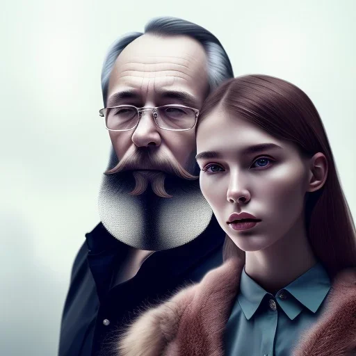 a young woman sitting next to a 50-year-old man with beard, portrait, 8K, close-up face, anatomically perfect face, Highly detailed stunning full frame portrait, misty and cloudy atmosphere