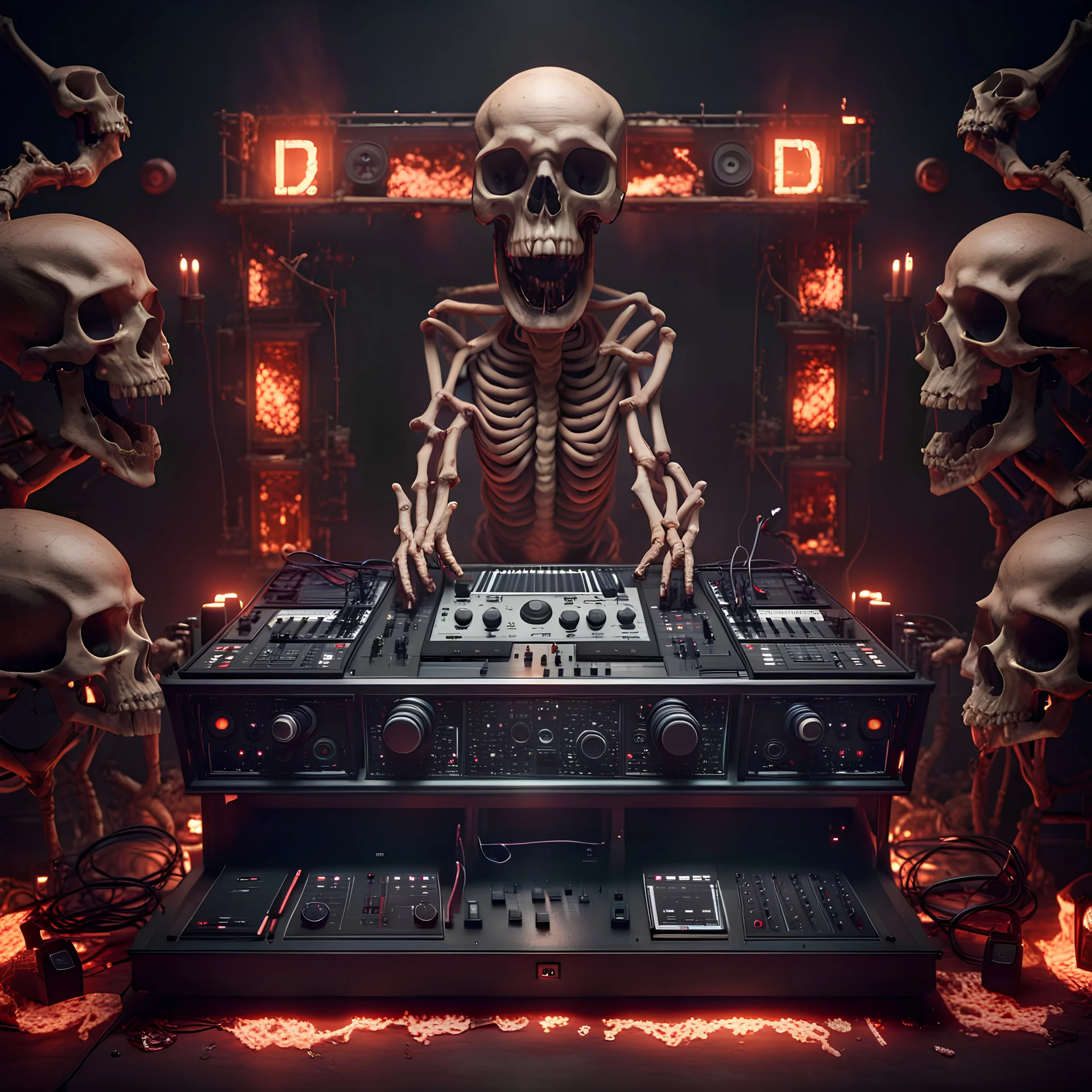 DJ of the damnded, insanely detailed DJ booth in hell, MID set, speakers and equipment made of bone, anatomically correct, add more skulls in th audience, photorealism, vray, 8k 3d