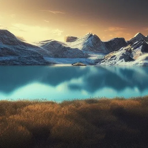 highly detailed glacial lake landscape, sunset, illustration, cinematic lighting, 4k, 8k, octane render, digital concept art, trending on artstation, pinterest, extremely detailed, ambient lighting.