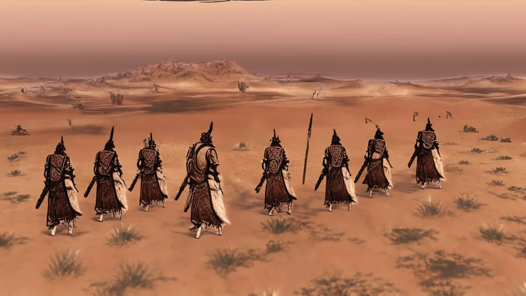 desert, comic style warriors from behind