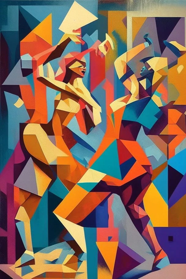 people, dancing, cubist painting, oil in canvas, splash, rust, geometric shapes, colorful, retro, iconic