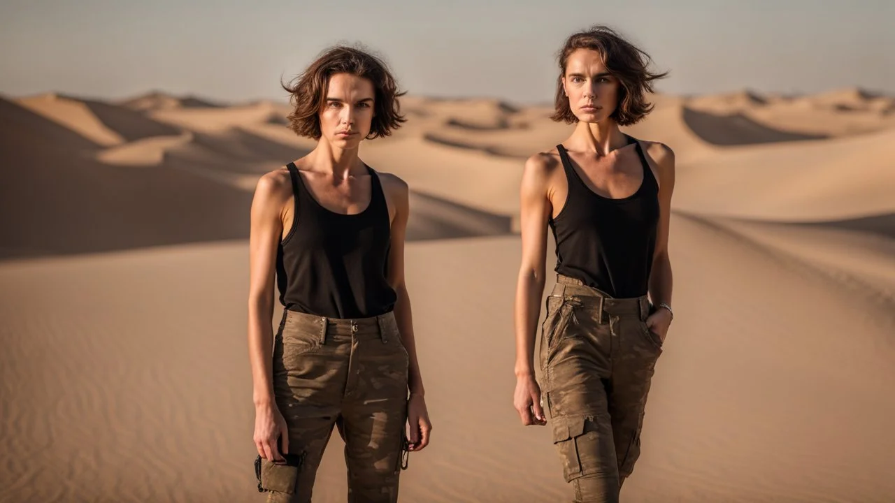 beautiful anorexic caucasian female technician, black tank top, well toned muscles, weathered face, scratched sand camo metal details, short brunette wavy bob haircut, dystopian, desert scene, using a handheld sensor