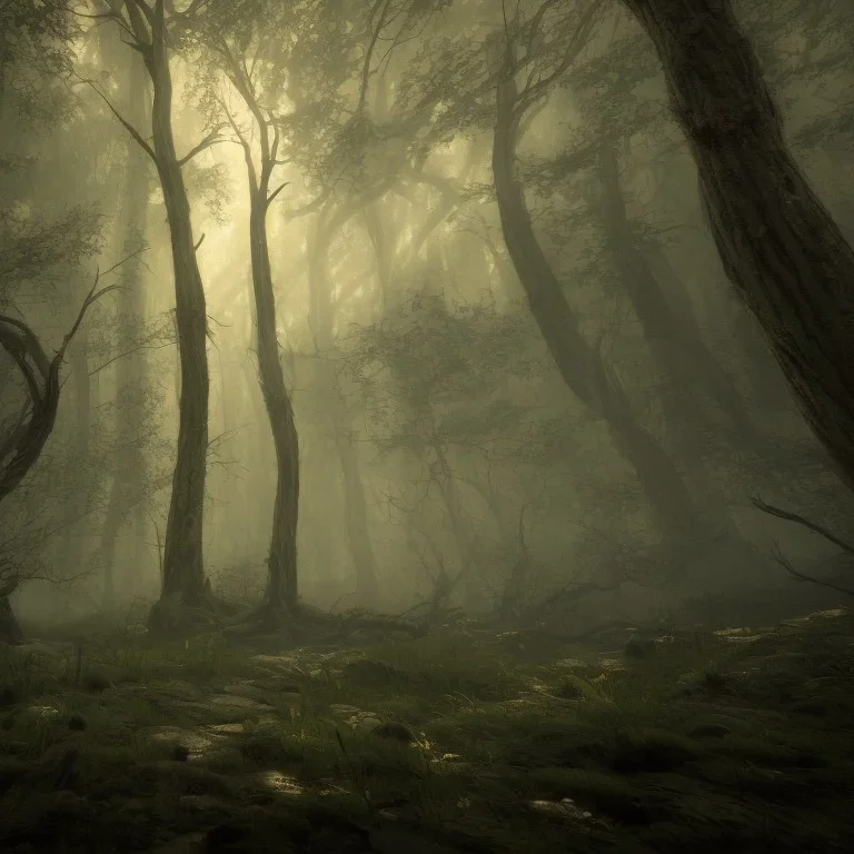 spooky forest, 4k, 8k, highly detailed, cinematic, ultra photorealistic, volumetric lighting, sharp details, mist, trees, depth of field, sun shafts, sunset, wide view