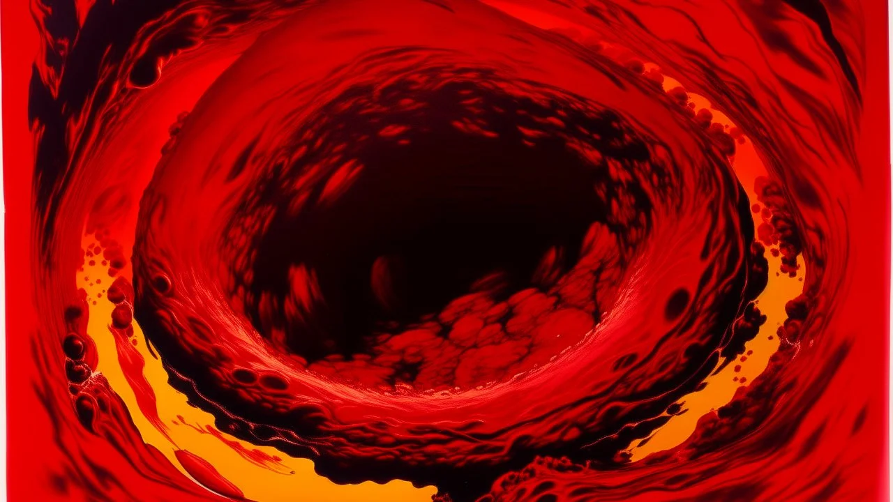 A dark red molten crater with fiery imps painted by Andy Warhol