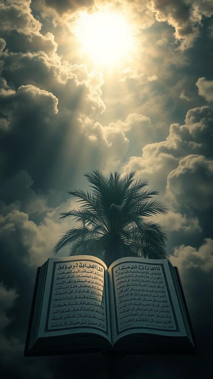 Sun light above swirling clouds, emerges from the heart of a raging storm. Turbulent winds of steam swirl around lit by shafts of sunlight that cast dramatic shadows on the A beautiful open book with Arabic words in the middle behind a palm tree , High quality 16k cinematic scene and great photography